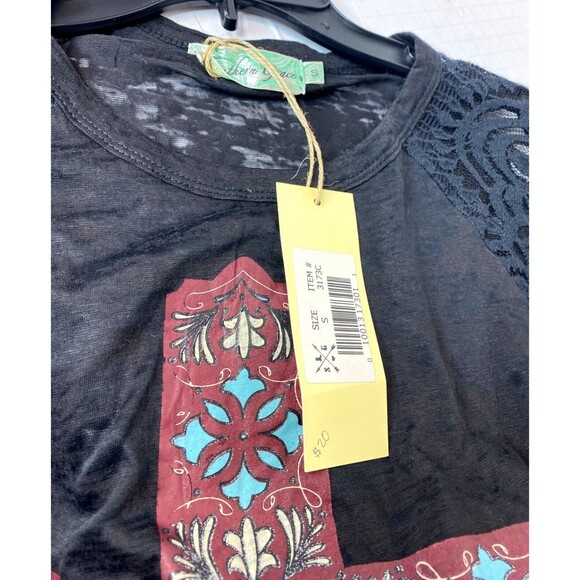 Southern Grace Black Lace & Maroon Blk Glitter Floral Cross Burnout Shirt Size S - Picture 8 of 9
